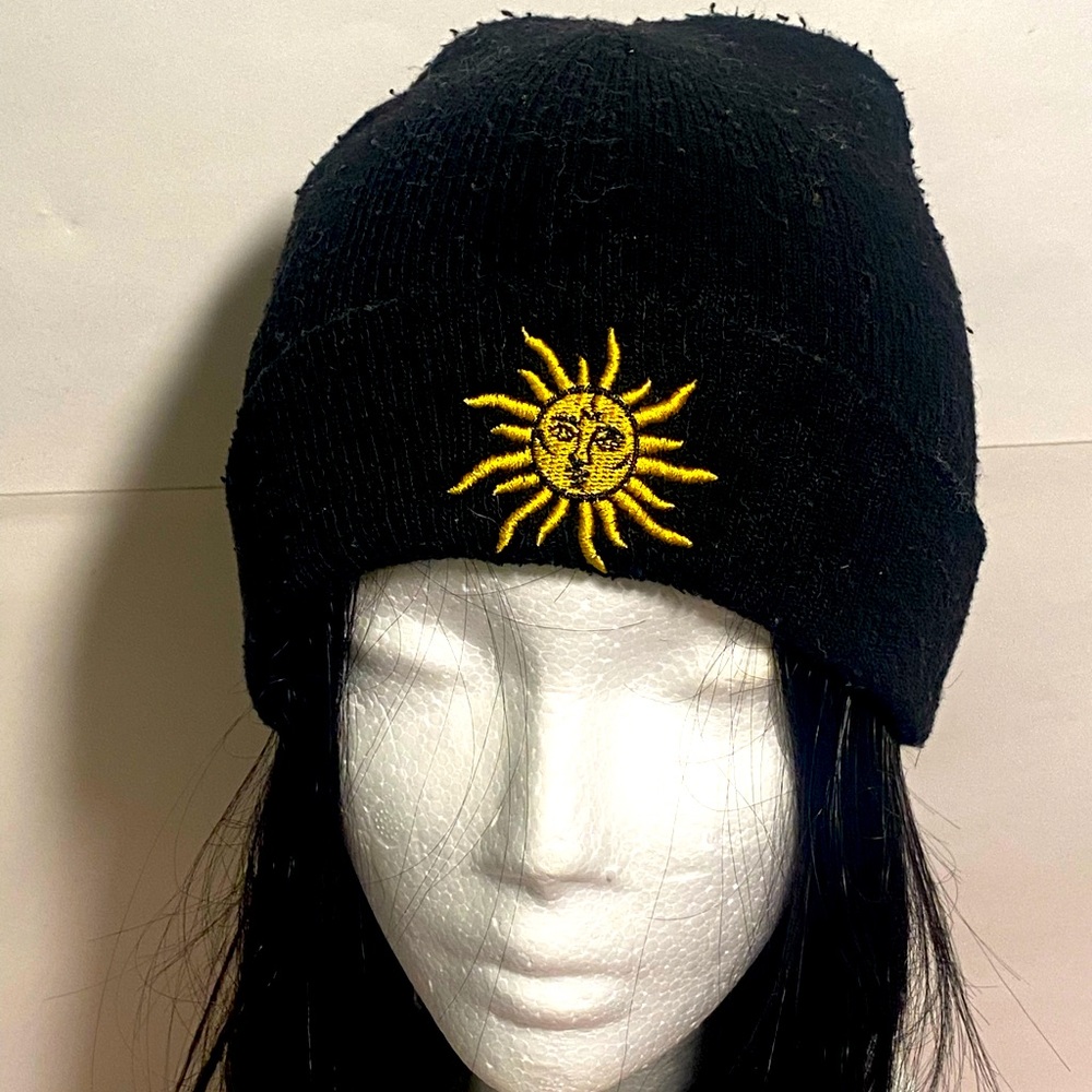 Black cuffed Beanie with Embroidered Sun